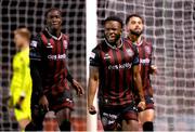 15 April 2024; James Akintunde and Bohemians team-mates celebrates after he scored his side's first goal during the SSE Airtricity Men's Premier Division match between Bohemians and Dundalk at Dalymount Park in Dublin. Photo by Stephen McCarthy/Sportsfile