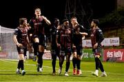 15 April 2024; James Akintunde, third from right, and Bohemians team-mates celebrates after he scored his side's first goal during the SSE Airtricity Men's Premier Division match between Bohemians and Dundalk at Dalymount Park in Dublin. Photo by Stephen McCarthy/Sportsfile
