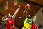 13 April 2024; Jonathon Jean of UCD Marian in action against Karlo Lebo of Moy Tolka Rovers during the InsureMyVan.ie Division 1 play-off final match between UCD Marian and Moy Tolka Rovers at the National Basketball Arena in Tallaght, Dublin. Photo by Tyler Miller/Sportsfile