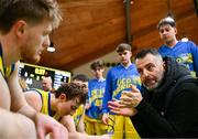 13 April 2024; UCD Marian head coach Ioannis Liapakis during the InsureMyVan.ie Division 1 play-off final match between UCD Marian and Moy Tolka Rovers at the National Basketball Arena in Tallaght, Dublin. Photo by Tyler Miller/Sportsfile