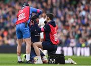 13 April 2024; Caelan Doris of Leinster receives medical attention during the Investec Champions Cup quarter-final match between Leinster and La Rochelle at the Aviva Stadium in Dublin. Photo by Sam Barnes/Sportsfile