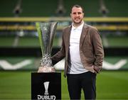 16 April 2024; The UEFA Europa League Final ambassador John O'Shea with the trophy at the Aviva Stadium ahead of the 2023/24 UEFA Europa League Final which will take place on Wednesday, May 22 in Dublin. Photo by Stephen McCarthy/Sportsfile