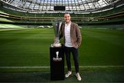 16 April 2024; The UEFA Europa League Final ambassador John O'Shea with the trophy at the Aviva Stadium ahead of the 2023/24 UEFA Europa League Final which will take place on Wednesday, May 22 in Dublin. Photo by Stephen McCarthy/Sportsfile
