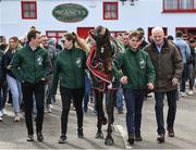 16 April 2024; Pictured are, from left, jockey Paul Townend, grooms Rachel Robins and Steven Cahill, and trainer Willie Mullins with I Am Maximus during the homecoming of Aintree Grand National winner I Am Maximus at Lord Bagenal Inn, Leighlinbridge in Carlow. Photo by Seb Daly/Sportsfile