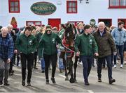 16 April 2024; Pictured are, from left, jockey Paul Townend, grooms Rachel Robins and Steven Cahill, and trainer Willie Mullins with I Am Maximus during the homecoming of Aintree Grand National winner I Am Maximus at Lord Bagenal Inn, Leighlinbridge in Carlow. Photo by Seb Daly/Sportsfile