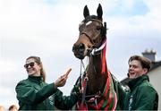 16 April 2024; Grooms Rachel Robins and Steven Cahill with I Am Maximus during the homecoming of Aintree Grand National winner I Am Maximus at Lord Bagenal Inn, Leighlinbridge in Carlow. Photo by Seb Daly/Sportsfile