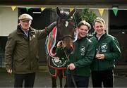 16 April 2024; I Am Maximus with trainer Willie Mullins, left, groom Steven Cahill, centre, and jockey Paul Townend during the homecoming of Aintree Grand National winner I Am Maximus at Closutton in Carlow. Photo by Seb Daly/Sportsfile