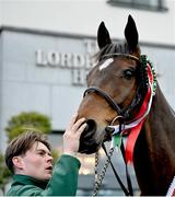 16 April 2024; Groom Steven Cahill and I Am Maximus during the homecoming of Aintree Grand National winner I Am Maximus at Lord Bagenal Inn in Leighlinbridge, Carlow. Photo by Seb Daly/Sportsfile