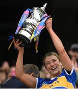 14 April 2024; Tipperary captain Karen Kennedy lifts the cup after the Very Camogie League Division 1A Final between Tipperary and Galway at Croke Park in Dublin. Photo by Brendan Moran/Sportsfile