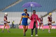 14 April 2024; Tipperary captain Karen Kennedy is escorted to do media interviews after the Very Camogie League Division 1A Final between Tipperary and Galway at Croke Park in Dublin. Photo by Brendan Moran/Sportsfile