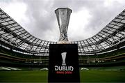16 April 2024; The UEFA Europa League trophy at the Aviva Stadium ahead of the 2023/24 UEFA Europa League Final which will take place on Wednesday, May 22 in Dublin. Photo by Stephen McCarthy/Sportsfile