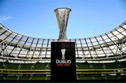 16 April 2024; The UEFA Europa League trophy at the Aviva Stadium ahead of the 2023/24 UEFA Europa League Final which will take place on Wednesday, May 22 in Dublin. Photo by Stephen McCarthy/Sportsfile