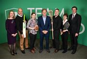 17 April 2024; In attendance during the Olympic Federation of Ireland AGM are, from left, OFI president Sarah Keane, Cricket Ireland CEO Warren Deutrom, American Football Ireland Commissioner Erin Brown, Ireland Lacrosse Chairperson Rudi Wortmann, Ireland Lacrosse CEO Michael Kennedy, Irish Squash Federation President Rosie Barry and OFI CEO Peter Sherrard at Sport Ireland Conference Centre in Dublin. Photo by Sam Barnes/Sportsfile