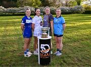 18 April 2024; Senior players, from left, Andrea Moran of Laois, Laoise Lenehan of Kildare, Monica McGuirk of Meath and Hannah Leahy of Dublin at the launch of the TG4 Leinster LGFA Championships at Durrow Castle in Laois. Photo by Piaras Ó Mídheach/Sportsfile