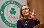 17 April 2024; OFI president Sarah Keane speaking during the Olympic Federation of Ireland AGM event at Sport Ireland Conference Centre in Dublin. Photo by Sam Barnes/Sportsfile
