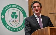 17 April 2024; OFI CEO Peter Sherrard speaking during the Olympic Federation of Ireland AGM event at Sport Ireland Conference Centre in Dublin. Photo by Sam Barnes/Sportsfile