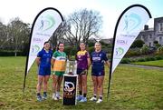 18 April 2024; Intermediate players, from left, Sarah Jane Winders of Wicklow, Ellee McEvoy of Offaly, Aisling Halligan of Wexford and Lauren McCormack of Westmeath at the launch of the TG4 Leinster LGFA Championships at Durrow Castle in Laois. Photo by Piaras Ó Mídheach/Sportsfile