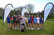 18 April 2024; Leinster LGFA President Trina Murray, centre, with players, from left, Sarah Jane Winters of Wicklow, Ruth Birmingham of Carlow, Lauren McCormack of Westmeath, Ellen Lawlor of Kilkenny, Monica McGuirk of Meath, Aisling Halligan of Wexford, Ellee McEvoy of Offaly, Andrea Moran of Laois, Áine Breen of Louth, Hannah Leahy of Dublin, Laoise Lenehan of Kildare and Caoimhe McCormack of Longford at the launch of the TG4 Leinster LGFA Championships at Durrow Castle in Laois. Photo by Piaras Ó Mídheach/Sportsfile