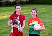18 April 2024; Junior players Áine Breen of Louth and Ruth Birmingham of Carlow at the launch of the TG4 Leinster LGFA Championships at Durrow Castle in Laois. Photo by Piaras Ó Mídheach/Sportsfile