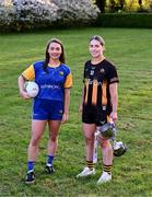 18 April 2024; Junior players Caoimhe McCormack of Longford and Ellen Lawlor of Kilkenny at the launch of the TG4 Leinster LGFA Championships at Durrow Castle in Laois. Photo by Piaras Ó Mídheach/Sportsfile