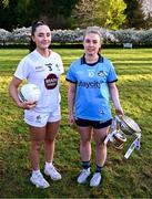 18 April 2024; Senior players Laoise Lenehan of Kildare and Hannah Leahy of Dublin at the launch of the TG4 Leinster LGFA Championships at Durrow Castle in Laois. Photo by Piaras Ó Mídheach/Sportsfile