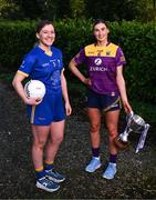 18 April 2024; Intermediate players Sarah Jane Winders of Wicklow and Aisling Halligan of Wexford at the launch of the TG4 Leinster LGFA Championships at Durrow Castle in Laois. Photo by Piaras Ó Mídheach/Sportsfile