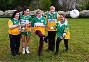 18 April 2024; Current Offaly player Ellee McEvoy with 1974 All-Ireland finalists, from left, Agnes Gorman, Phyllis Price, Catherine Daly and Lucy Bryant at the launch of the TG4 Leinster LGFA Championships at Durrow Castle in Laois. Photo by Piaras Ó Mídheach/Sportsfile