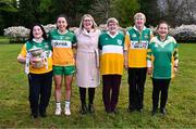 18 April 2024; Current Offaly player Ellee McEvoy and Leinster LGFA President Trina Murray with 1974 All-Ireland finalists, from left, Agnes Gorman, Phyllis Price, Catherine Daly and Lucy Bryant at the launch of the TG4 Leinster LGFA Championships at Durrow Castle in Laois. Photo by Piaras Ó Mídheach/Sportsfile
