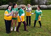 18 April 2024; Current Offaly player Ellee McEvoy with 1974 All-Ireland finalists, from left, Agnes Gorman, Phyllis Price, Catherine Daly and Lucy Bryant at the launch of the TG4 Leinster LGFA Championships at Durrow Castle in Laois. Photo by Piaras Ó Mídheach/Sportsfile