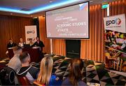 18 April 2024; Speaking at the launch of the GPA Student First Report is GPA Chief Executive Tom Parsons, far right, alongside from left, GPA Education Manager Brian Howard, Report Author Fiona McHale and Report Author Aoife Lane at the Alex Hotel in Dublin. Photo by Sam Barnes/Sportsfile