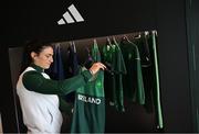 18 April 2024; The Team Ireland Adidas Paris 2024 kit is revealed by rugby 7's player Lucy Mulhall at the official launch of the Olympic and Paralympic Games ‘Road to Paris’ Adidas event in Paris. Photo by David Fitzgerald/Sportsfile