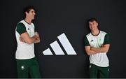 18 April 2024; The Team Ireland Adidas Paris 2024 kit is revealed by rower Philip Doyle, left, and canoeist Noel Hendrick at the official launch of the Olympic and Paralympic Games ‘Road to Paris’ Adidas event in Paris. Photo by David Fitzgerald/Sportsfile