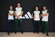 18 April 2024; The Team Ireland Adidas Paris 2024 kit is revealed by, from left, para athlete Greta Streimikyte, rower Philip Doyle, para-cyclist Katie-George Dunlevy and canoeist Noel Hendrick at the official launch of the Olympic and Paralympic Games ‘Road to Paris’ Adidas event in Paris. Photo by David Fitzgerald/Sportsfile