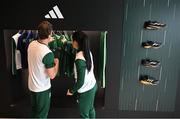 18 April 2024; The Team Ireland Adidas Paris 2024 kit is revealed by canoeist Noel Hendrick and rugby 7's player Lucy Mulhall at the official launch of the Olympic and Paralympic Games ‘Road to Paris’ Adidas event in Paris. Photo by David Fitzgerald/Sportsfile