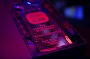 18 April 2024; A detailed view of the trophy during the Virgin Media ELOI Finals at The Camden Sports Bar in Dublin. Photo by Tyler Miller/Sportsfile