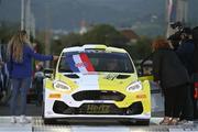18 April 2024; Eamonn Boland and Mickey Joe Morrisey of Ireland compete in their Ford Fiesta at the ceremonial start during Day One of the FIA World Rally Championship Croatia 2024 in Zagreb, Croatia. Photo by Philip Fitzpatrick/Sportsfile