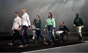 18 April 2024; The Team Ireland Adidas Paris 2024 kit is revealed by para athlete Greta Streimikyte, fourth from left, and athletes from other nations, at the official launch of the Olympic and Paralympic Games ‘Road to Paris’ Adidas event in Paris. Photo by David Fitzgerald/Sportsfile