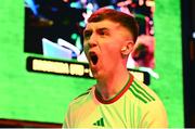 18 April 2024; Ciaran Walsh of Cork City celebrates during the Virgin Media ELOI Finals at The Camden Sports Bar in Dublin. Photo by Tyler Miller/Sportsfile
