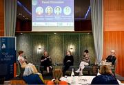 19 April 2024; A general view of a panel discussion, involving from left, Dr Aoife Lane, FIFA High Performance Consultant Lisa Fallon, OFI President and Swim Ireland Chief Executive Sarah Keane, SETU Senior Lecturer Professor Niamh Murphy and Pundit and former Mayo footballer Cora Staunton during the Professional Women in Sport, Exercise, Physical Activity and Health network event at the Farnham Estate in Cavan. Photo by Sam Barnes/Sportsfile