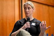 19 April 2024; Pundit and former Mayo footballer Cora Staunton speaking in a panel discussion during the Professional Women in Sport, Exercise, Physical Activity and Health network event at the Farnham Estate in Cavan. Photo by Sam Barnes/Sportsfile