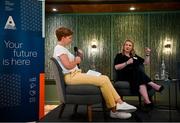 19 April 2024; FIFA High Performance Consultant Lisa Fallon, right, speaking in a panel discussion alongside Dr Aoife Lane, left, during the Professional Women in Sport, Exercise, Physical Activity and Health network event at the Farnham Estate in Cavan. Photo by Sam Barnes/Sportsfile