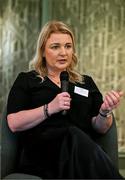 19 April 2024; FIFA High Performance Consultant Lisa Fallon speaking in a panel discussion during the Professional Women in Sport, Exercise, Physical Activity and Health network event at the Farnham Estate in Cavan. Photo by Sam Barnes/Sportsfile