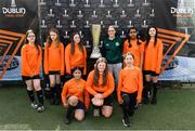 19 April 2024; The UEFA Europa League trophy is pictured at Irishtown Stadium in Dublin with Republic of Ireland international Jamie Finn and students from CBS Westland Row, as 48 schools take part in the Dublin Europa Cup, ahead of the 2023/24 UEFA Europa League Final which takes place on Wednesday, May 22 at the Aviva Stadium. Photo by Matt Browne/Sportsfile