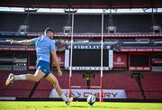 19 April 2024; Harry Byrne kicks during a Leinster Rugby captain's run at Emirates Airlines Park in Johannesburg, South Africa. Photo by Harry Murphy/Sportsfile