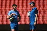19 April 2024; Harry Byrne and Head coach Leo Cullen during a Leinster Rugby captain's run at Emirates Airlines Park in Johannesburg, South Africa. Photo by Harry Murphy/Sportsfile