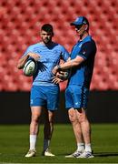 19 April 2024; Harry Byrne and Head coach Leo Cullen during a Leinster Rugby captain's run at Emirates Airlines Park in Johannesburg, South Africa. Photo by Harry Murphy/Sportsfile