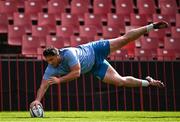 19 April 2024; Thomas Clarkson scores a try during a Leinster Rugby captain's run at Emirates Airlines Park in Johannesburg, South Africa. Photo by Harry Murphy/Sportsfile