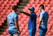 19 April 2024; Senior coach Jacques Nienaber speaks with Scott Penny and Harry Byrne during a Leinster Rugby captain's run at Emirates Airlines Park in Johannesburg, South Africa. Photo by Harry Murphy/Sportsfile
