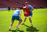 19 April 2024; Diarmuid Mangan, right, and John McKee during a Leinster Rugby captain's run at Emirates Airlines Park in Johannesburg, South Africa. Photo by Harry Murphy/Sportsfile