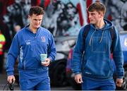 19 April 2024; Billy Burns, left, and Ethan McIlroy of Ulster before the United Rugby Championship match between Ulster and Cardiff at the Kingspan Stadium in Belfast. Photo by Ramsey Cardy/Sportsfile